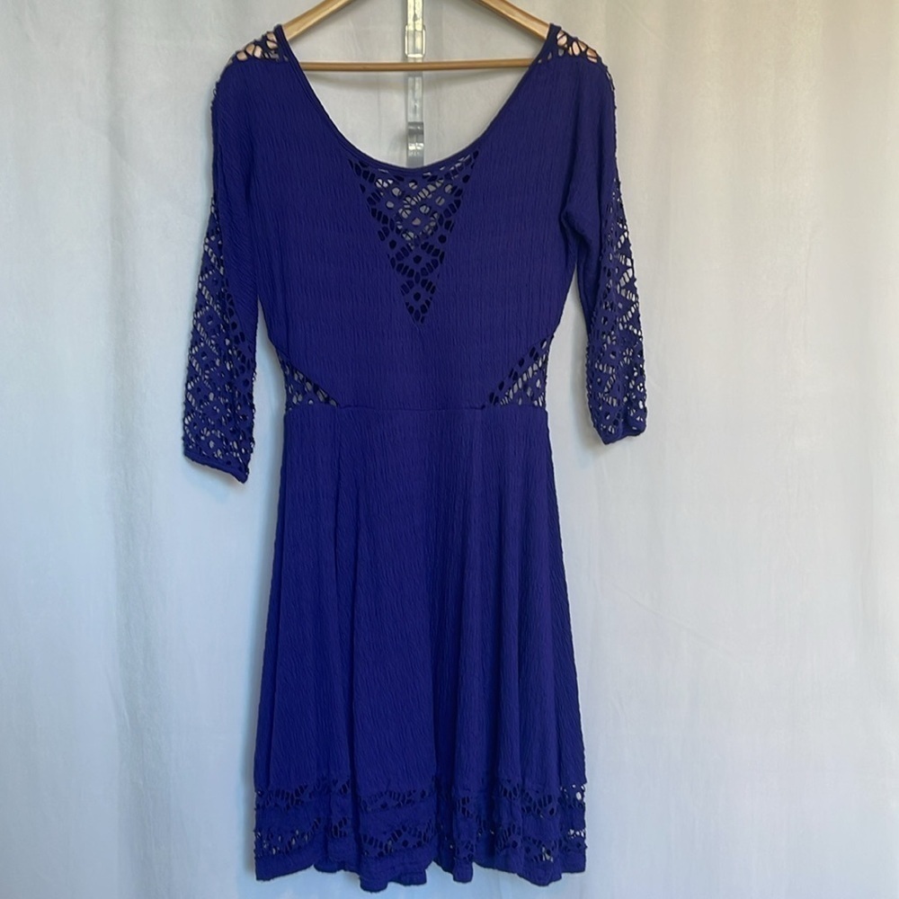 FREE PEOPLE To The Point Dress Size S Purple 3/4 Sleeve Crochet Panels Lined EUC - Picture 6 of 12